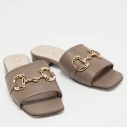 Gucci Brown Leather Horsebit Flat Slides Size 36