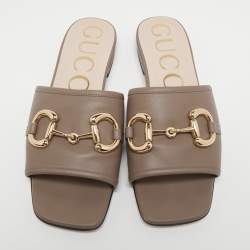 Gucci Brown Leather Horsebit Flat Slides Size 36