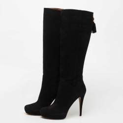 Pre Owned Gucci Black Suede Bamboo Tassel Knee Length Platform Boots Size 40