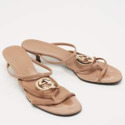Gucci Beige Suede Interlocking G Kitten Heel Slide Sandals Size 39.5