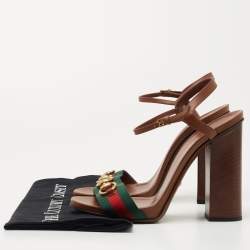 Gucci Brown Leather Web Horsebit Ankle Strap Block Heel Sandals Size 38.5