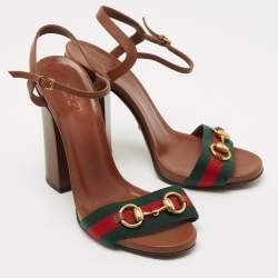 Gucci Brown Leather Web Horsebit Ankle Strap Block Heel Sandals Size 38.5