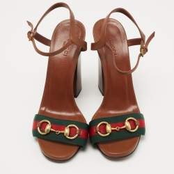 Gucci Brown Leather Web Horsebit Ankle Strap Block Heel Sandals Size 38.5