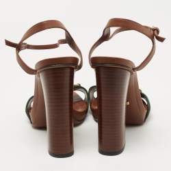 Gucci Brown Leather Web Horsebit Ankle Strap Block Heel Sandals Size 38.5