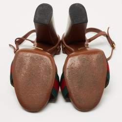 Gucci Brown Leather Web Horsebit Ankle Strap Block Heel Sandals Size 38.5