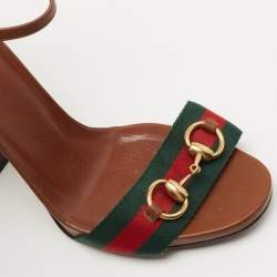 Gucci Brown Leather Web Horsebit Ankle Strap Block Heel Sandals Size 38.5