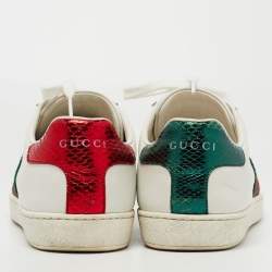 Gucci White Leather and Python Embossed Ace Bee Embroidered Sneakers Size 38