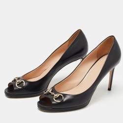 Pre Owned Gucci Black Leather Horsebit Peep Toe Platform Pumps Size 39