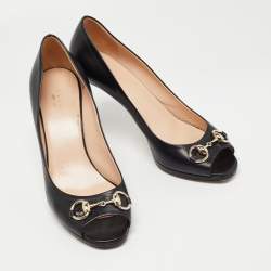 Pre Owned Gucci Black Leather Horsebit Peep Toe Platform Pumps Size 39