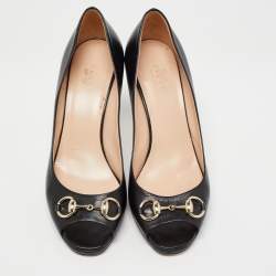 Pre Owned Gucci Black Leather Horsebit Peep Toe Platform Pumps Size 39