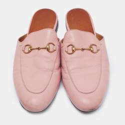 Pre Owned Gucci Pink Leather Princetown Flat Mules Size 38.5