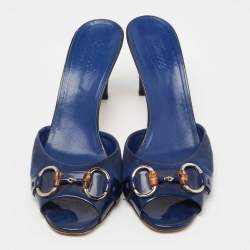 Pre Owned Gucci Blue Suede and Patent Hollywood Slide Sandals Size 39.5