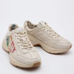 Gucci White Leather Glitter Rhyton Lace Up Sneakers Size 36.5