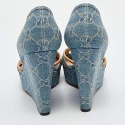 Pre Owned Gucci Blue GG Canvas Bamboo Peep Toe Platform Wedge Pumps Size 39