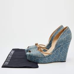 Pre Owned Gucci Blue GG Canvas Bamboo Peep Toe Platform Wedge Pumps Size 39