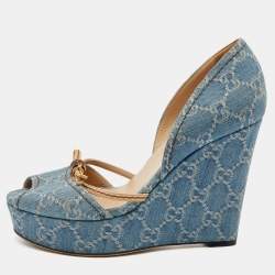 Pre Owned Gucci Blue GG Canvas Bamboo Peep Toe Platform Wedge Pumps Size 39