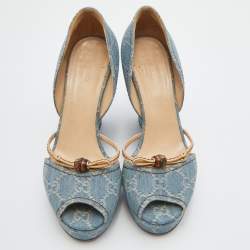 Pre Owned Gucci Blue GG Canvas Bamboo Peep Toe Platform Wedge Pumps Size 39