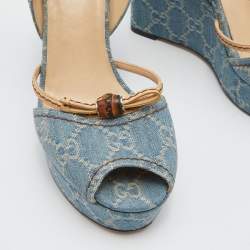 Pre Owned Gucci Blue GG Canvas Bamboo Peep Toe Platform Wedge Pumps Size 39