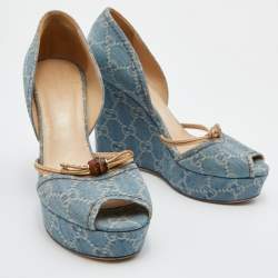 Pre Owned Gucci Blue GG Canvas Bamboo Peep Toe Platform Wedge Pumps Size 39