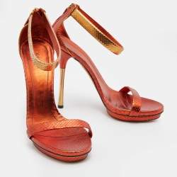 مملوكة مسبقًا Gucci Metallic Orange Python Leather Kelis Ankle Strap Sandals Size 38