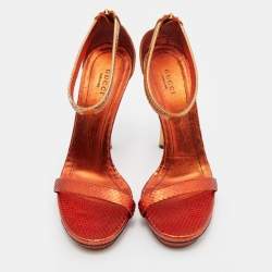 مملوكة مسبقًا Gucci Metallic Orange Python Leather Kelis Ankle Strap Sandals Size 38