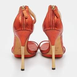 مملوكة مسبقًا Gucci Metallic Orange Python Leather Kelis Ankle Strap Sandals Size 38