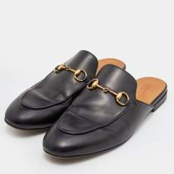Gucci Black Leather Horsebit Princetown Flat Mules Size 38.5