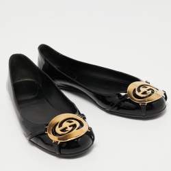 Pre Owned Gucci Black Patent Interlcoking G Ballet Flats Size 38