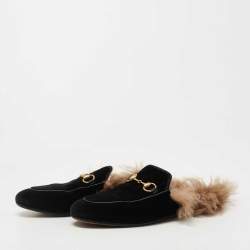 Pre Owned Gucci Black Velvet and Fur Princetown Flat Mules Size 36