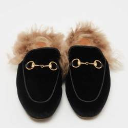 Pre Owned Gucci Black Velvet and Fur Princetown Flat Mules Size 36
