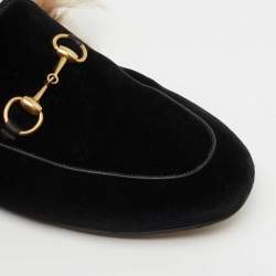 Pre Owned Gucci Black Velvet and Fur Princetown Flat Mules Size 36