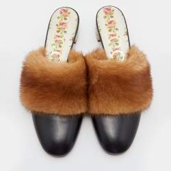 Pre Owned Gucci Black Leather and Mink Fur Candy Embellished Mules Size 37.5