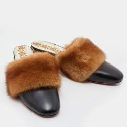 Pre Owned Gucci Black Leather and Mink Fur Candy Embellished Mules Size 37.5