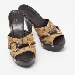 Gucci Beige/Brown GG Canvas and Leather Icon Bit Platform Clogs Size 35.5