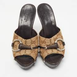 Gucci Beige/Brown GG Canvas and Leather Icon Bit Platform Clogs Size 35.5