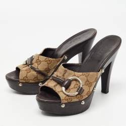 Gucci Beige/Brown GG Canvas and Leather Icon Bit Platform Clogs Size 35.5