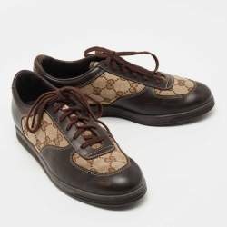 Gucci Brown/Beige GG Canvas and Leather Low Top Sneakers Size 37.5