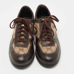 Gucci Brown/Beige GG Canvas and Leather Low Top Sneakers Size 37.5