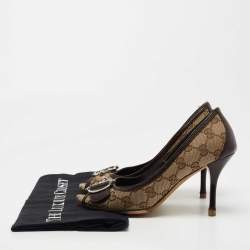 Pre Owned Gucci Brown/Beige GG Canvas and Leather Icon Bit Peep Toe Pumps Size 35.5