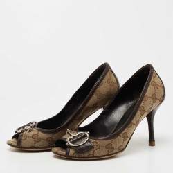 Pre Owned Gucci Brown/Beige GG Canvas and Leather Icon Bit Peep Toe Pumps Size 35.5