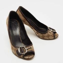 Pre Owned Gucci Brown/Beige GG Canvas and Leather Icon Bit Peep Toe Pumps Size 35.5