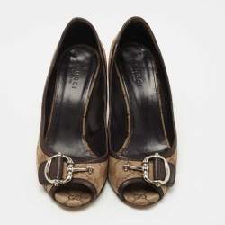 Pre Owned Gucci Brown/Beige GG Canvas and Leather Icon Bit Peep Toe Pumps Size 35.5