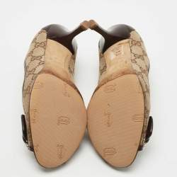 Pre Owned Gucci Brown/Beige GG Canvas and Leather Icon Bit Peep Toe Pumps Size 35.5