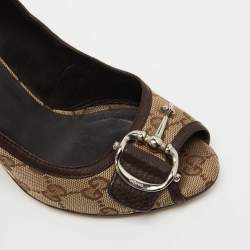 Pre Owned Gucci Brown/Beige GG Canvas and Leather Icon Bit Peep Toe Pumps Size 35.5