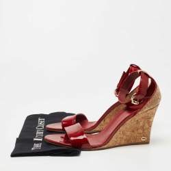 Gucci Dark Red Patent Leather and Cork Wedge Ankle Strap Sandals Size 40