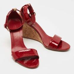 Gucci Dark Red Patent Leather and Cork Wedge Ankle Strap Sandals Size 40