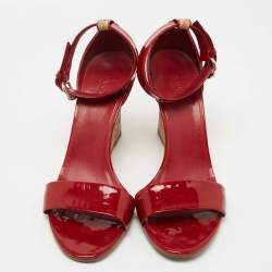 Gucci Dark Red Patent Leather and Cork Wedge Ankle Strap Sandals Size 40