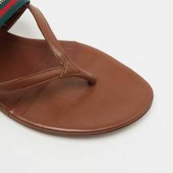 Pre Owned Gucci Brown Leather and Canvas Web Thong Flats Size 37.5