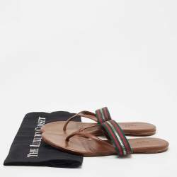 Pre Owned Gucci Brown Leather and Canvas Web Thong Flats Size 37.5