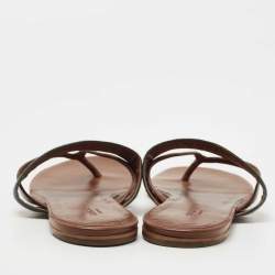Pre Owned Gucci Brown Leather and Canvas Web Thong Flats Size 37.5